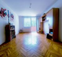 Wohnzimmer in einer 3-Zimmer-Wohnung mit Parkettboden, Möbeln und Wanddekorationen.