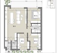 Grundriss einer Vierzimmerwohnung mit vier Räumen und einer Terrasse in einem Einfamilienhaus.
