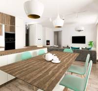Esszimmer mit Holztisch und türkisfarbenen Stühlen im Einfamilienhaus.