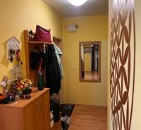 Der Flur in der 3-Zimmer-Wohnung mit einem Schrank, einem Kleiderhaken und einem Spiegel, die Wände sind gelb.