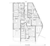 Grundriss einer 3-Zimmer-Wohnung mit Bezeichnung der Zimmer und Terrassen.