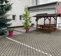 Palast mit Pflastersteinen, Holzsitzgelegenheiten und Pflanzen in rosa Blumentöpfen auf der Šamorínska-Straße.