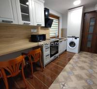 Einzimmerwohnung mit Kochnische, Waschmaschine und Holzstühlen.