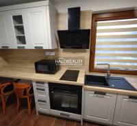 Küchenbereich in einem Studio-Apartment mit Holzmöbeln und Geräten.