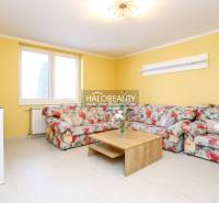Gelbes Wohnzimmer mit einem geblümten Sofa und einem Holztisch in einer 2-Zimmer-Wohnung.