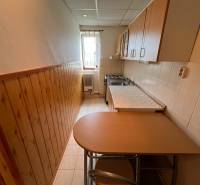 Küche in einer 2-Zimmer-Wohnung mit Holzwand und einfacher Einrichtung.