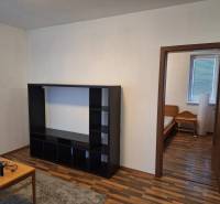 Holzboden, schwarzes Regal, Eingang zum Schlafzimmer in einer Zweizimmerwohnung.
