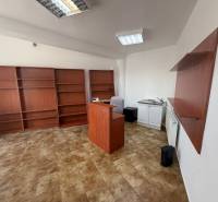 Büros mit Regalen, Tresen und Schrank mit Spüle.