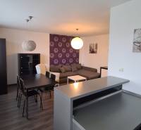 Wohnzimmer in einer 2-Zimmer-Wohnung mit Essbereich und Sofa, Kronleuchter und Dekorationen.