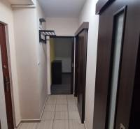 Flur in einer 2-Zimmer-Wohnung mit Fliesen und Beleuchtung, Türen mit Verglasung.