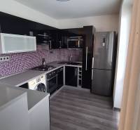 Küche in einer 2-Zimmer-Wohnung mit Geräten, dunklen Möbeln und lila Fliesen.