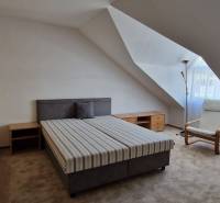 Schlafzimmer mit Bett und Sessel in einem Einfamilienhaus, helle Wände, schräges Dach.