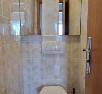 Toilette in einem Einfamilienhaus mit Wandfliesen und einem Wandspülkasten.