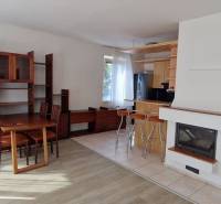 Wohnzimmer in einem Einfamilienhaus mit Holzmöbeln und Kamin, Esstisch und Stühlen.