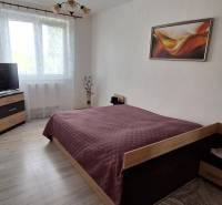 Schlafzimmer in einer 3-Zimmer-Wohnung mit Bett, Fernseher und Wanddekoration.