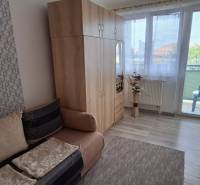 Ein Zimmer in einer 3-Zimmer-Wohnung mit Sofa, Kleiderschrank und Balkon.