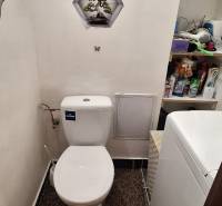Badezimmer in einer 3-Zimmer-Wohnung mit Toilette, Waschmaschine und Regalen mit Reinigungsmitteln.