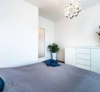 Schlafzimmer mit Bett, Kommode und Pflanzen in einer 2-Zimmer-Wohnung.