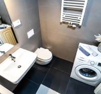 Badezimmer mit Waschbecken und Waschmaschine in einer 2-Zimmer-Wohnung, mit grauen Fliesen und Dekoration.
