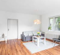 Wohnzimmer in einer 2-Zimmer-Wohnung mit Holzboden, Sofa und stilvoller Beleuchtung.