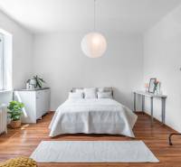 Helles Schlafzimmer mit Bett, Fenster und Zimmerpflanzen in einer 2-Zimmer-Wohnung.