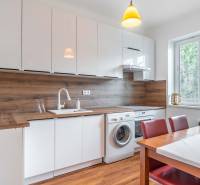 Küche mit großem Fenster, Esstisch, Waschmaschine und Holzverkleidung in einer 2-Zimmer-Wohnung.