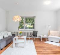 Wohnzimmer einer Zweizimmerwohnung mit Sofa und Holzboden, helle Dekoration.