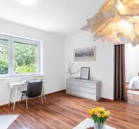 Helles Wohnzimmer mit Holzboden, Schreibtisch am Fenster und Bett hinter einem Vorhang.