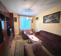 Wohnzimmer in einer 3-Zimmer-Wohnung mit Sofa, Teppich, Bild und Schrankwand.