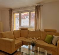 Wohnzimmer in einer Zweizimmerwohnung mit einem bequemen hellbraunen Sofa und einem Glastisch.