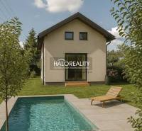 Ein Ferienhaus in Vinosady mit einem Pool im sonnigen Garten, umgeben von Bäumen.