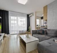 Wohnzimmer mit Sofa und Fernseher in einer Zweizimmerwohnung.