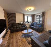Wohnzimmer in einem Einfamilienhaus mit Ledersofas, Holzboden und moderner Beleuchtung.