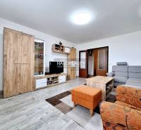 Wohnzimmer in einer 3-Zimmer-Wohnung mit Holzmöbeln und einer komfortablen Couch.
