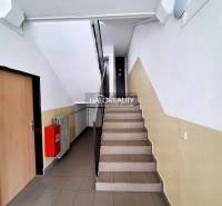 Treppenhaus in einem Wohnhaus, Metallgeländer, Feuerschutzschrank. Zugang zu einer 3-Zimmer-Wohnung, Prievidza.