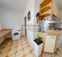 Küche in einer 3-Zimmer-Wohnung mit Waschmaschine, Küchenzeile und einer Pflanze auf dem Boden.