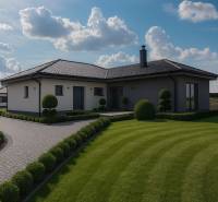 Ein Einfamilienhaus in Cífer mit einem gepflegten Garten und einem gepflasterten Gehweg unter blauem Himmel.