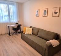 Ein Zimmer in einer 3-Zimmer-Wohnung mit einem Sofa, einem Tisch, einem Stuhl und modernen Bildern an der Wand.