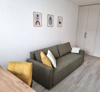 Graues Sofa mit Kissen und Holztisch in einer 3-Zimmer-Wohnung, weiße Wände, Schränke.