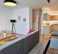 Wohnbereich einer 3-Zimmer-Wohnung mit grauem Sofa und Küchenzeile.