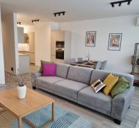 Wohnzimmer mit Sofa, Esstisch und Küche in einer 3-Zimmer-Wohnung.