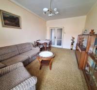 Wohnzimmer mit Sofa, Holzmöbeln und Tisch in einer Zweizimmerwohnung.