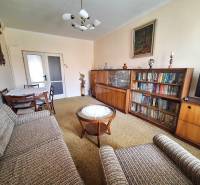 Wohnzimmer in einer 2-Zimmer-Wohnung mit Bibliothek, Sofa und Tisch mit Stühlen.