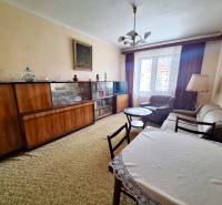 Wohnzimmer in einer Zweizimmerwohnung mit klassischen Möbeln und einem Fernseher am Fenster.