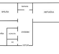Grundriss einer 2-Zimmer-Wohnung umfasst Küche, Wohnzimmer, Schlafzimmer und Balkon.