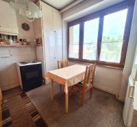 Küche in einer 2-Zimmer-Wohnung mit Tisch, Stühlen, Herd und großem Fenster.