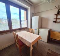 Esszimmer einer 2-Zimmer-Wohnung mit Tisch, Kühlschrank und Vitrine an der Wand.
