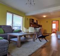 Wohnzimmer in einer Ferienwohnung mit Sofa, Tisch und Küchenzeile.
