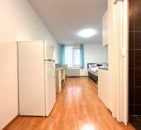 Einzimmerwohnung mit Holzboden, Bett, Schreibtisch und Kühlschrank.