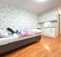 Einzimmerwohnung mit Bett, Küchenzeile und Blumenmuster an der Wand.